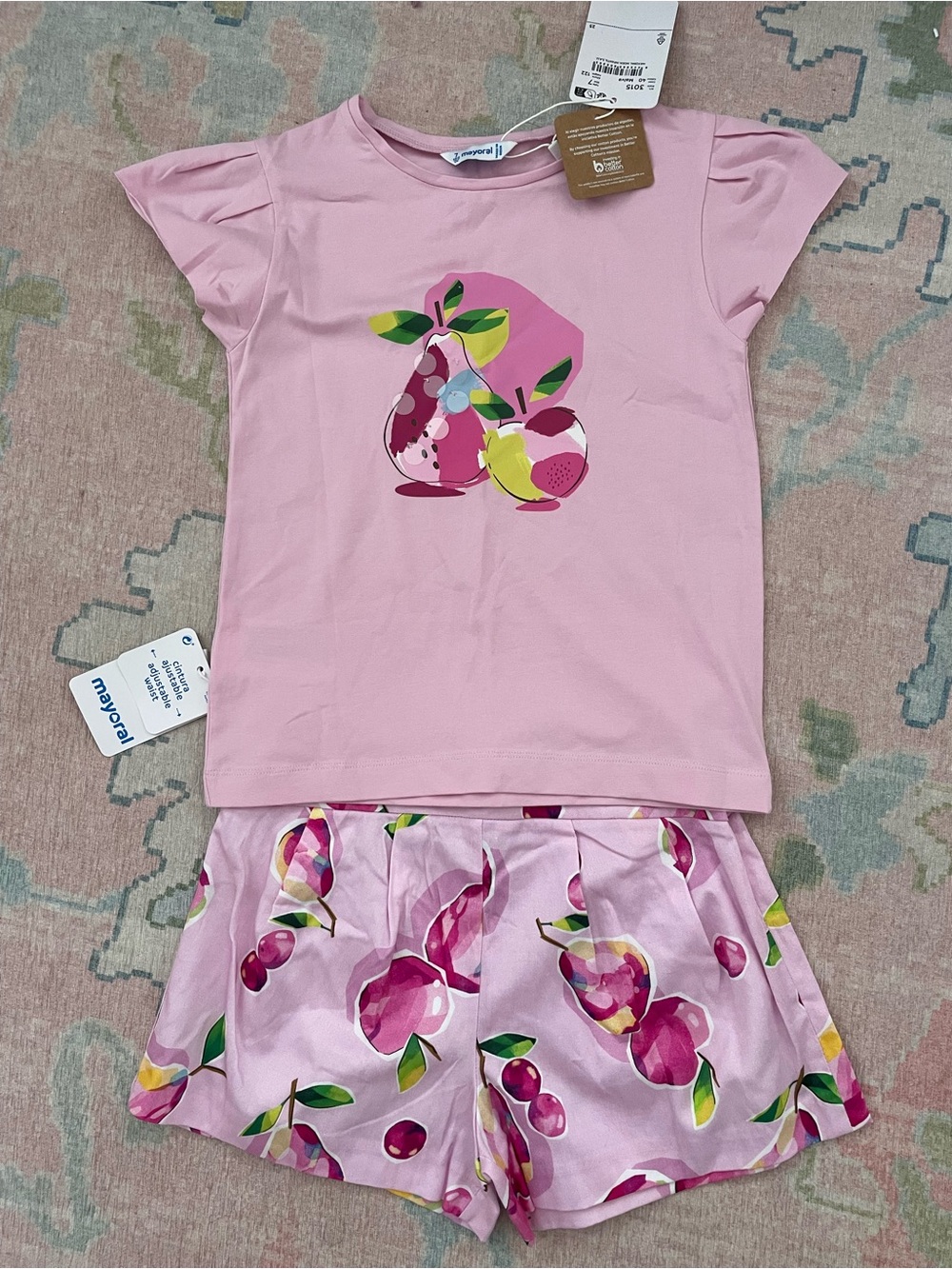 NWT: Mayoral Pink Fruit Pattern Tee and Short Set (size 7)